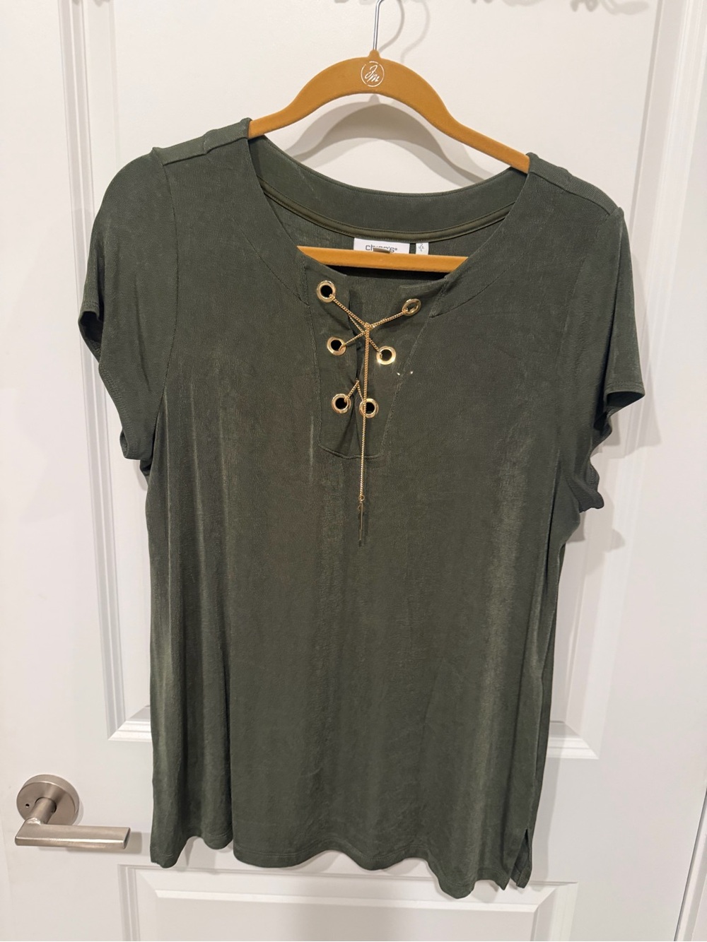 Chico's Olive Lace-Up Short Sleeve Top with Gold Eyelets